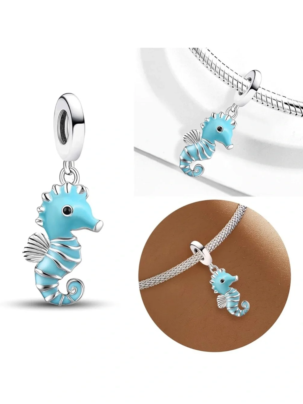 🌊 925 Seahorse Dangle Charm Sterling Silver Blue Enamel NEW